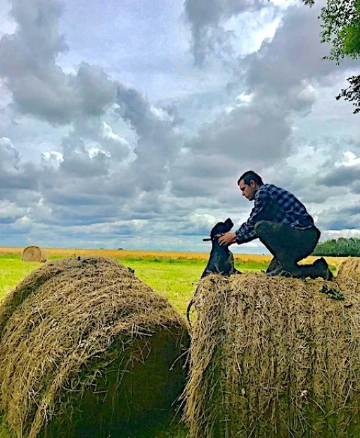 Thibaut et son chien Oscar sur une botte de paille.